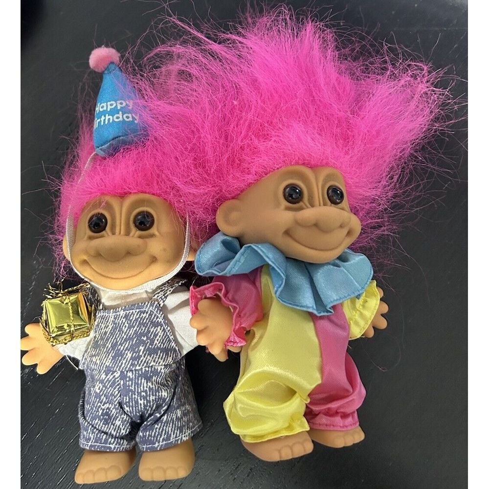 VTG RUSS 5" Troll Jester Doll & Happy Birthday 1990's Both‎ Pink Hair Lot